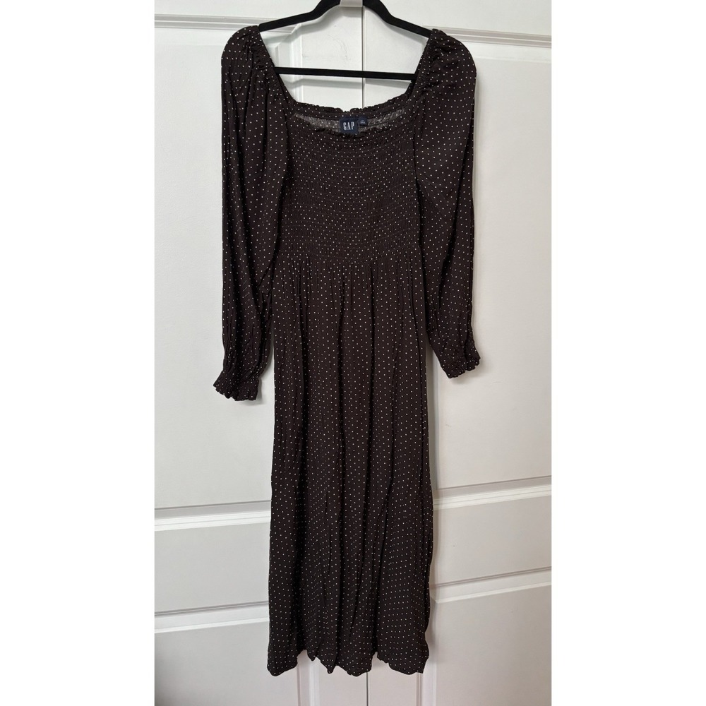 Gap Smocked Midi Dress Womens S‎ Brown Polka Dot Coquette Cottagecore - Picture 2 of 10